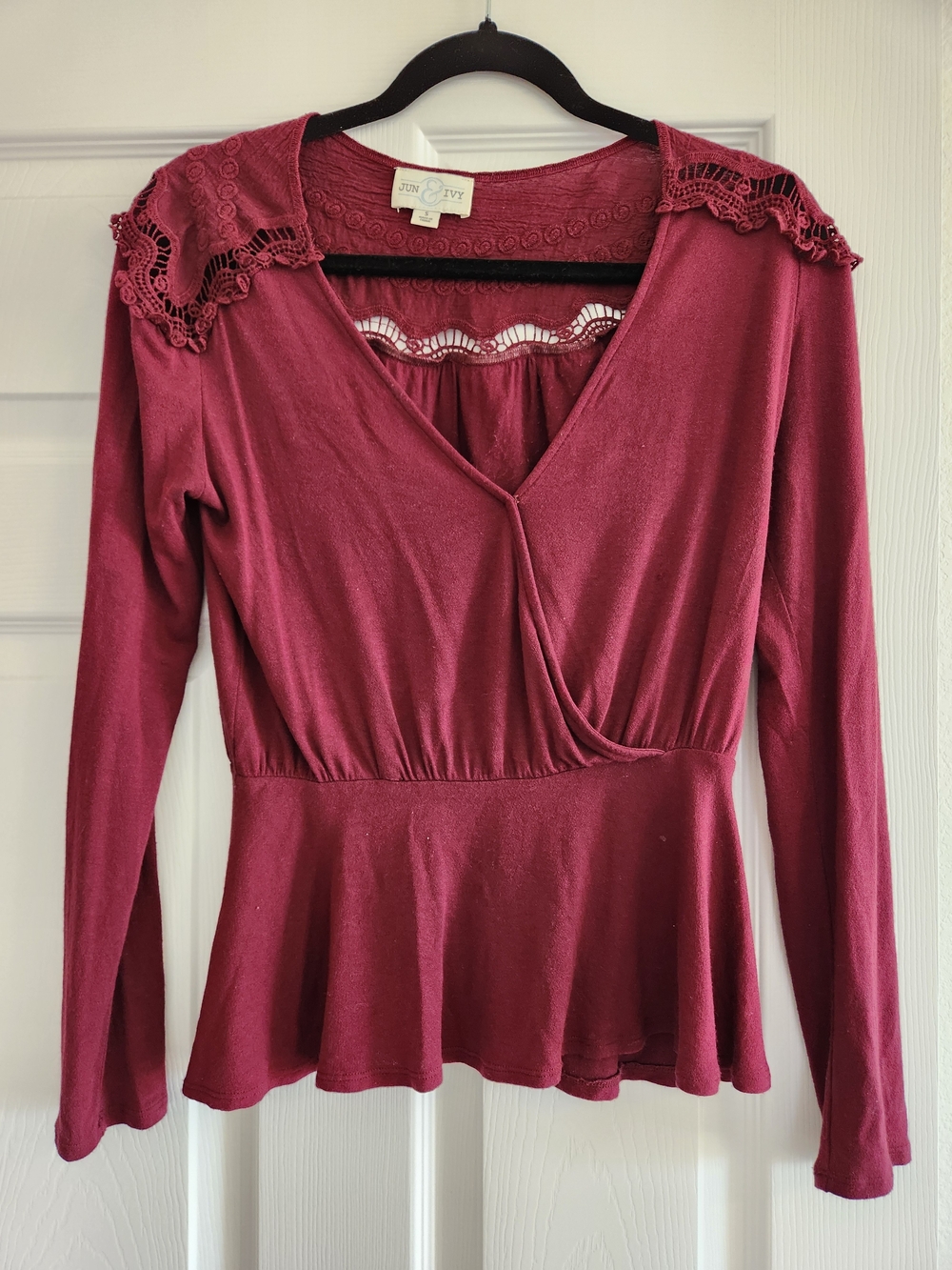 Ann Taylor Burgundy Lace-Trim V-Neck Peplum Top